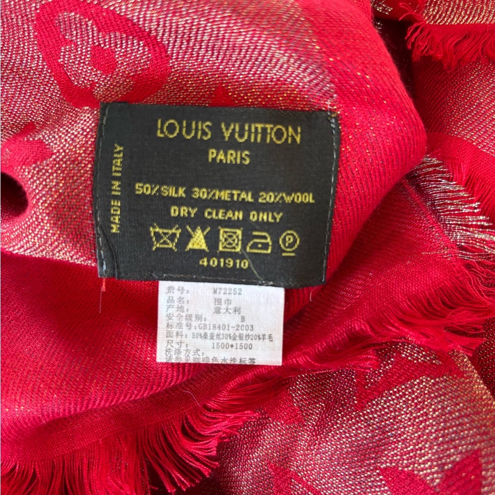 Louis Vuitton Red & Gold Monogram Wool & Silk Shawl - Picture 5 of 5
